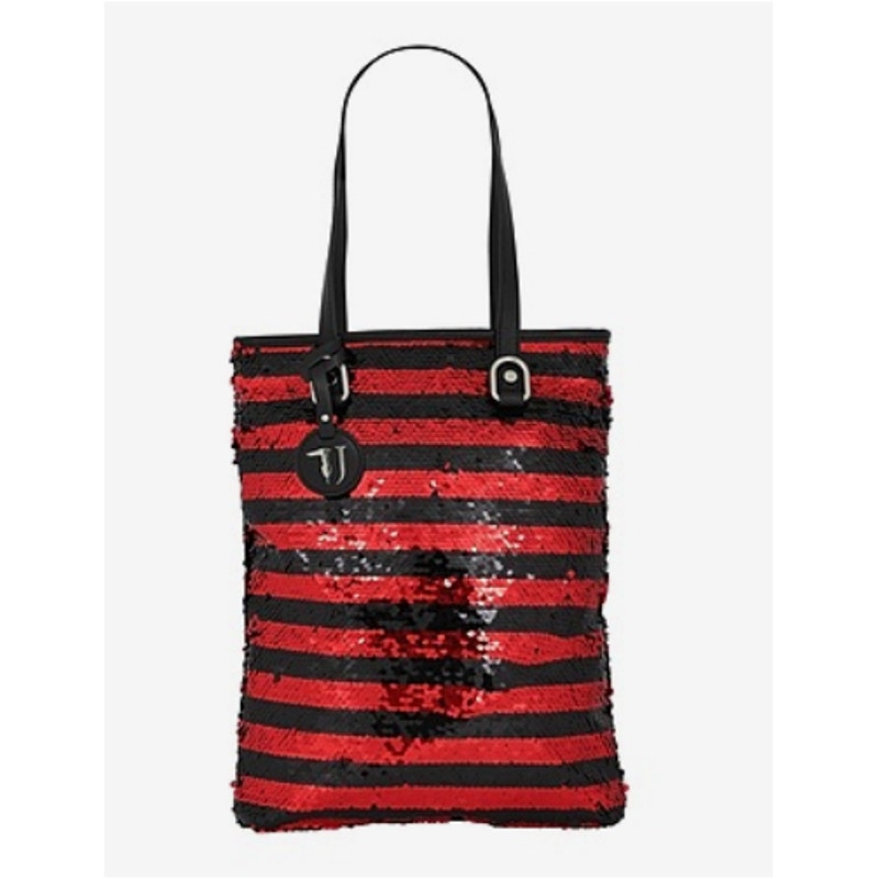 Trussardi Jeans Sequins Stripped Handbag Red And Black